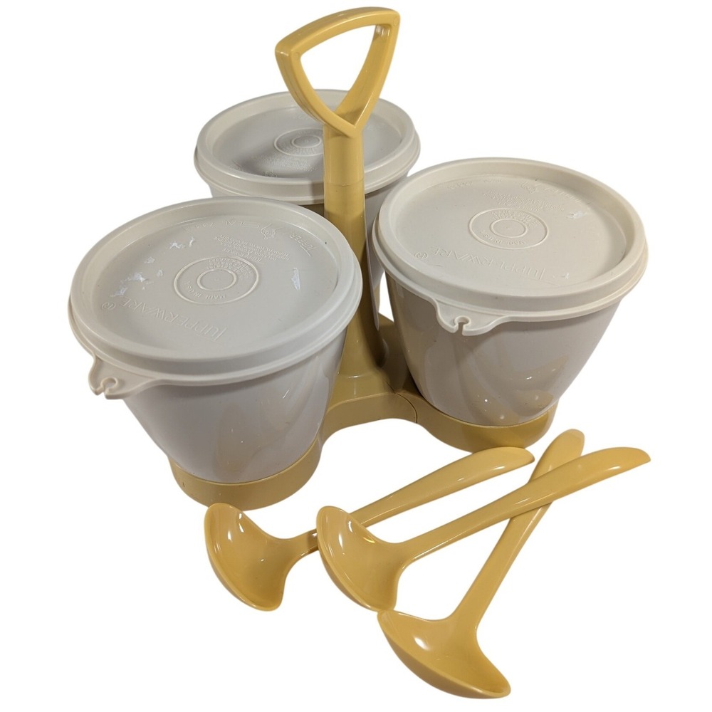 Vintage Tupperware Condiment Caddy 3 Bowls Lids Ladles Harvest Gold Cream 733-4